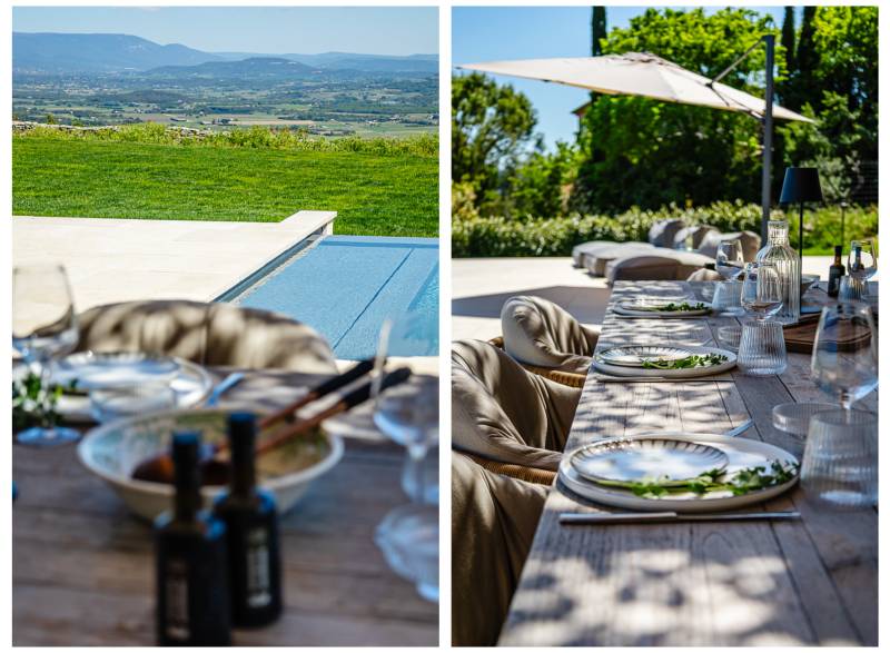 À quelques minutes à pied du cœur de Gordes, maison contemporaine à louer avec une vue époustouflante sur la vallée du Luberon.